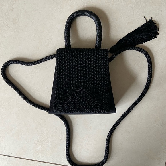 Black Unique Cord Top Handle Bag with Tassel and Crossbody Strap - Picture 1 of 4
